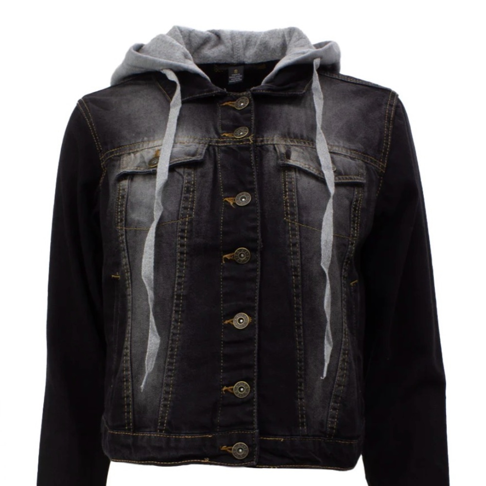 Cropped button front hooded denim jacket
